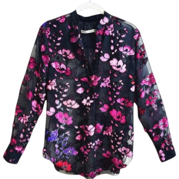 Alice + Olivia Velvet Flocked Sheer Chiffon Floral Blouse Black Size XS - Picture 2 of 13